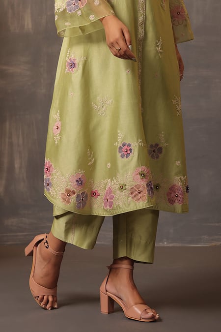 Shop Label Niti Bothra Green Chanderi Silk Embroidery, Applique Collared Work Shirt Kurta And Pant Set Online at Aza Fashions Shop_Label Niti Bothra_Green Chanderi Silk Embroidery, Applique Collared Work Shirt Kurta And Pant Set _Online_at_Aza_Fashions