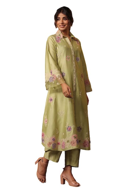 Label Niti Bothra Green Chanderi Silk Embroidery, Applique Collared Work Shirt Kurta And Pant Set at Aza Fashions Label Niti Bothra_Green Chanderi Silk Embroidery, Applique Collared Work Shirt Kurta And Pant Set _at_Aza_Fashions