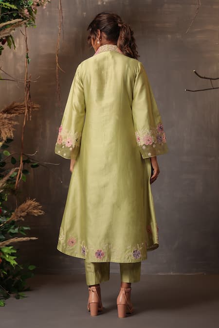 Shop_Label Niti Bothra_Green Chanderi Silk Embroidery, Applique Collared Work Shirt Kurta And Pant Set _at_Aza_Fashions