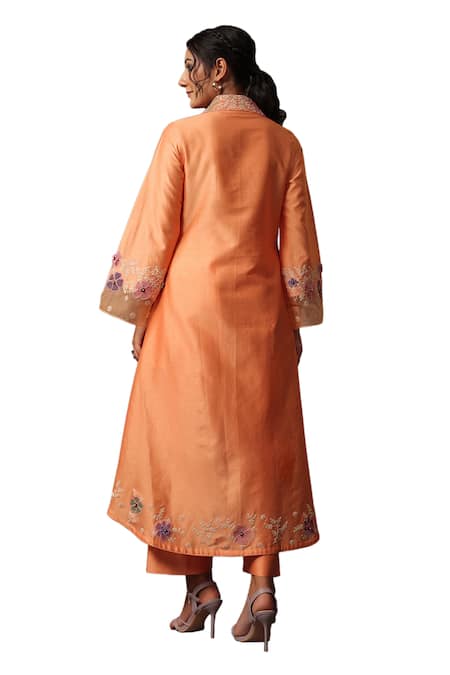 Label Niti Bothra Peach Chanderi Silk Embroidery Collared Shirt Kurta And Pant Set Online at Aza Fashions Label Niti Bothra_Peach Chanderi Silk Embroidery Collared Shirt Kurta And Pant Set _Online_at_Aza_Fashions