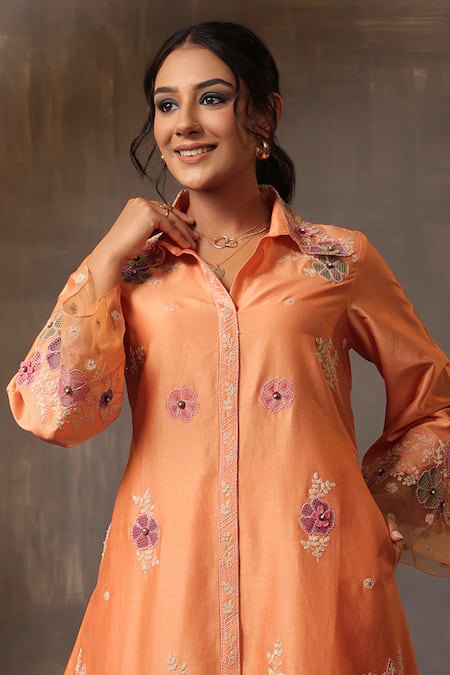 Buy Label Niti Bothra Peach Chanderi Silk Embroidery Collared Shirt Kurta And Pant Set Online at Aza Fashions Buy_Label Niti Bothra_Peach Chanderi Silk Embroidery Collared Shirt Kurta And Pant Set _Online_at_Aza_Fashions