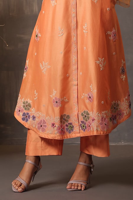Shop Label Niti Bothra Peach Chanderi Silk Embroidery Collared Shirt Kurta And Pant Set Online at Aza Fashions Shop_Label Niti Bothra_Peach Chanderi Silk Embroidery Collared Shirt Kurta And Pant Set _Online_at_Aza_Fashions