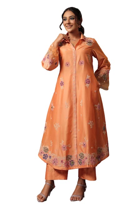 Label Niti Bothra Peach Chanderi Silk Embroidery Collared Shirt Kurta And Pant Set at Aza Fashions Label Niti Bothra_Peach Chanderi Silk Embroidery Collared Shirt Kurta And Pant Set _at_Aza_Fashions