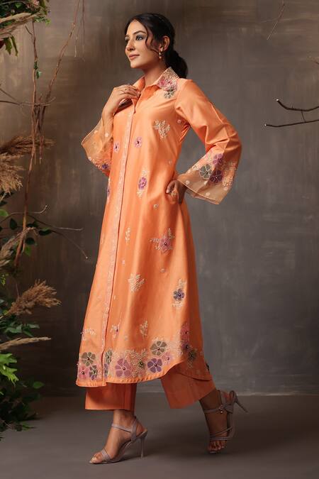 Buy_Label Niti Bothra_Peach Chanderi Silk Embroidery Collared Shirt Kurta And Pant Set 