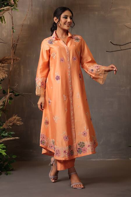 Shop_Label Niti Bothra_Peach Chanderi Silk Embroidery Collared Shirt Kurta And Pant Set 