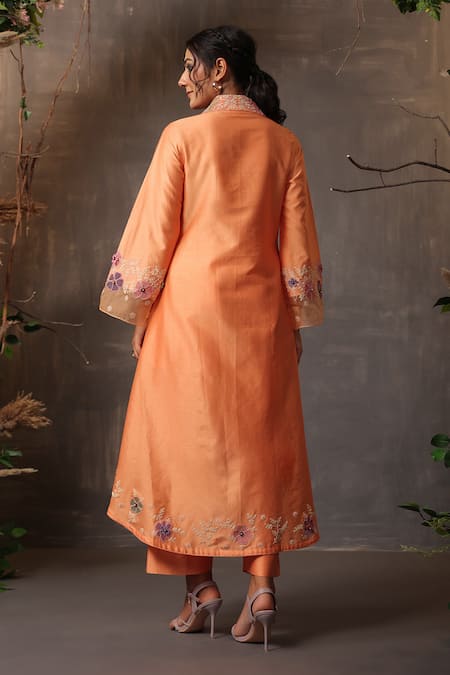 Shop_Label Niti Bothra_Peach Chanderi Silk Embroidery Collared Shirt Kurta And Pant Set _at_Aza_Fashions
