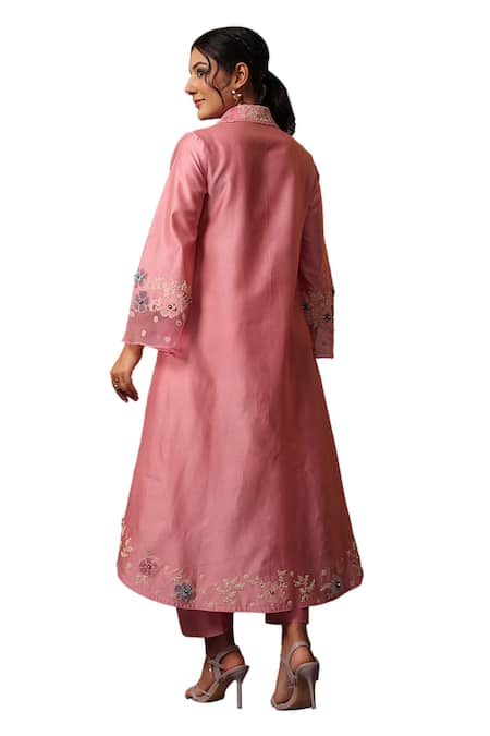 Label Niti Bothra Pink Chanderi Silk Embroidery Collared Long Shirt Kurta And Pant Set Online at Aza Fashions Label Niti Bothra_Pink Chanderi Silk Embroidery Collared Long Shirt Kurta And Pant Set _Online_at_Aza_Fashions