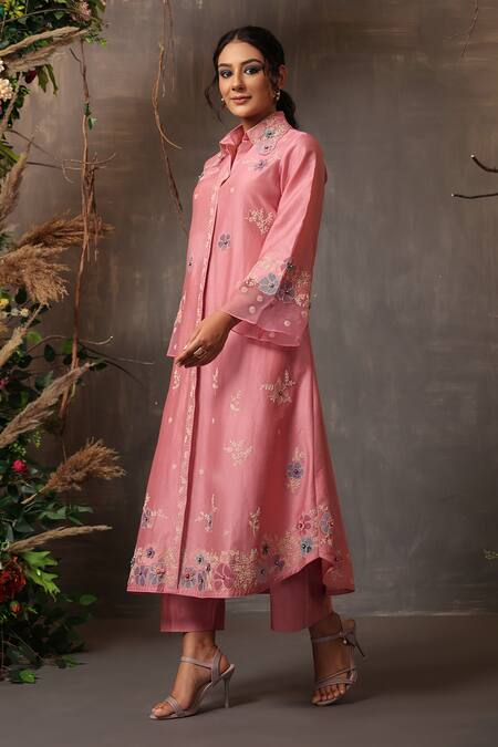 Buy_Label Niti Bothra_Pink Chanderi Silk Embroidery Collared Long Shirt Kurta And Pant Set _Online_at_Aza_Fashions