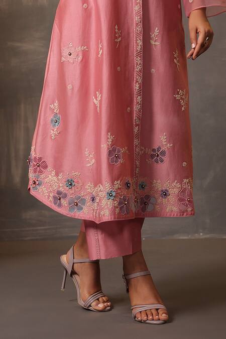 Shop Label Niti Bothra Pink Chanderi Silk Embroidery Collared Long Shirt Kurta And Pant Set Online at Aza Fashions Shop_Label Niti Bothra_Pink Chanderi Silk Embroidery Collared Long Shirt Kurta And Pant Set _Online_at_Aza_Fashions