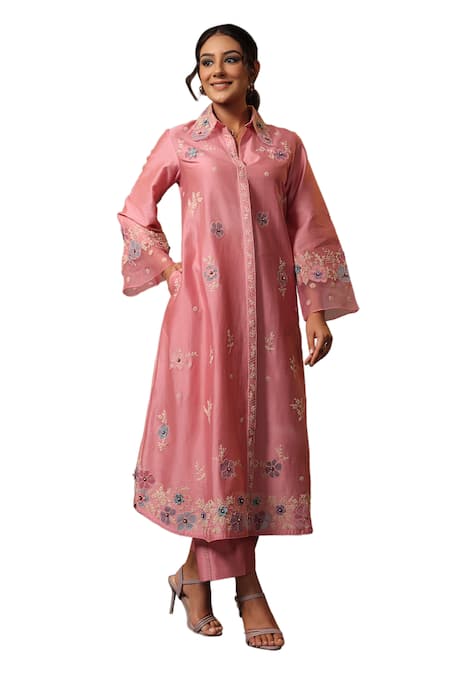Label Niti Bothra Pink Chanderi Silk Embroidery Collared Long Shirt Kurta And Pant Set at Aza Fashions Label Niti Bothra_Pink Chanderi Silk Embroidery Collared Long Shirt Kurta And Pant Set _at_Aza_Fashions