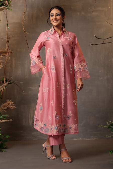 Buy_Label Niti Bothra_Pink Chanderi Silk Embroidery Collared Long Shirt Kurta And Pant Set 