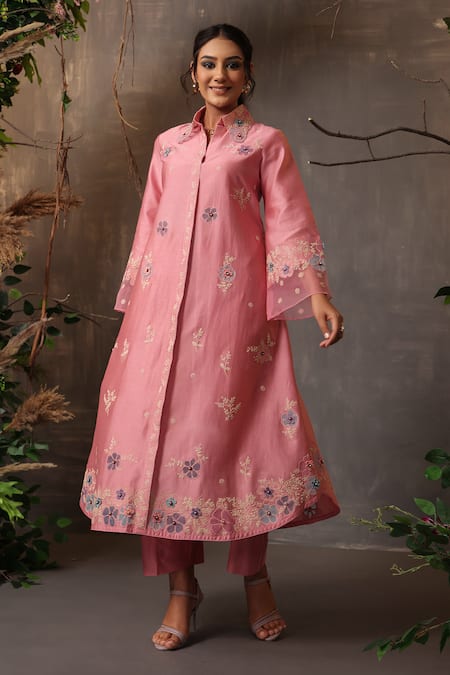 Shop Label Niti Bothra Pink Chanderi Silk Embroidery Collared Long Shirt Kurta And Pant Set Shop_Label Niti Bothra_Pink Chanderi Silk Embroidery Collared Long Shirt Kurta And Pant Set