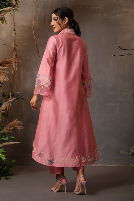 Shop_Label Niti Bothra_Pink Chanderi Silk Embroidery Collared Long Shirt Kurta And Pant Set _at_Aza_Fashions
