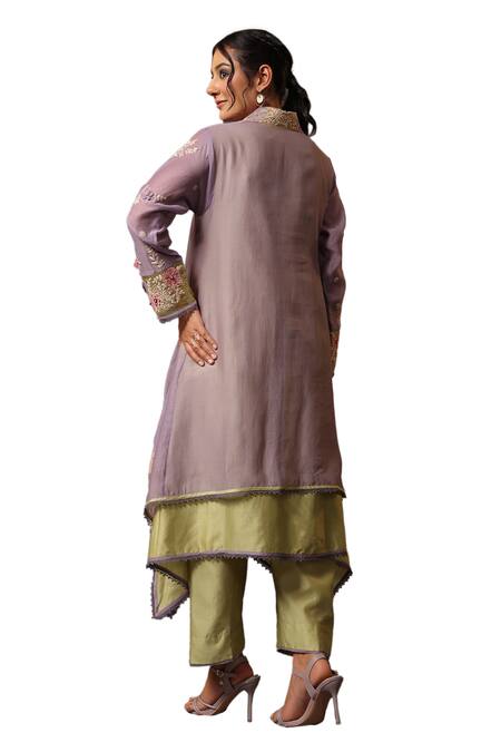 Label Niti Bothra_Green Chanderi Silk Embroidery, Applique Collared Layered Kurta And Pant Set _Online_at_Aza_Fashions