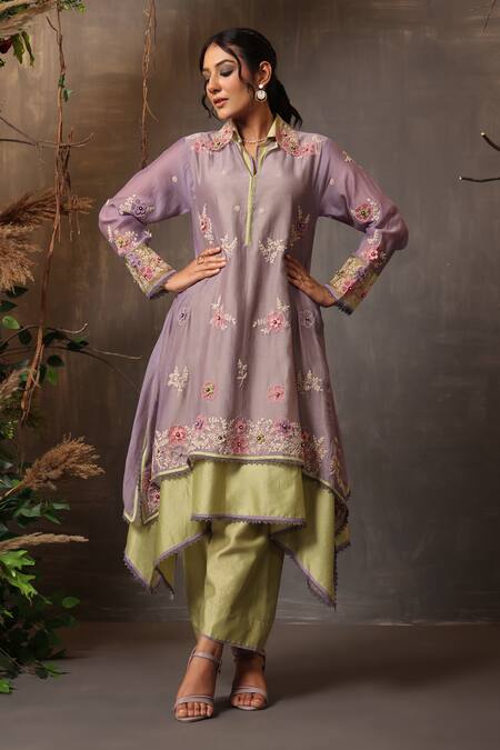Label Niti Bothra_Green Chanderi Silk Embroidery, Applique Collared Layered Kurta And Pant Set _at_Aza_Fashions