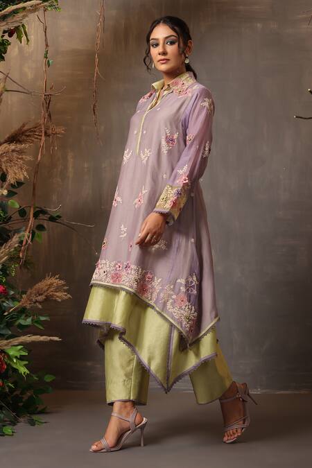 Buy_Label Niti Bothra_Green Chanderi Silk Embroidery, Applique Collared Layered Kurta And Pant Set 