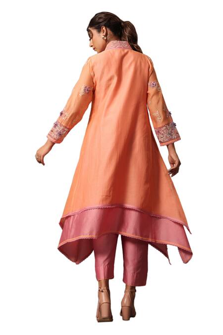 Label Niti Bothra_Peach Chanderi Silk Embroidery, Applique Collared Layered Kurta And Pant Set _Online_at_Aza_Fashions