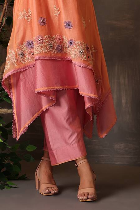 Buy_Label Niti Bothra_Peach Chanderi Silk Embroidery, Applique Collared Layered Kurta And Pant Set _Online_at_Aza_Fashions