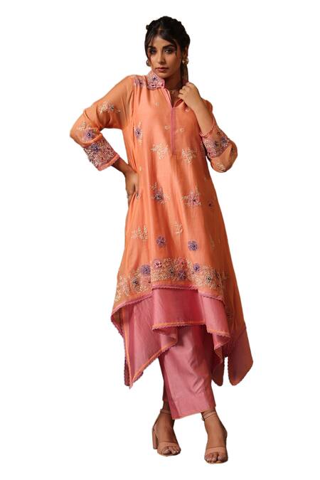 Shop_Label Niti Bothra_Peach Chanderi Silk Embroidery, Applique Collared Layered Kurta And Pant Set _Online_at_Aza_Fashions