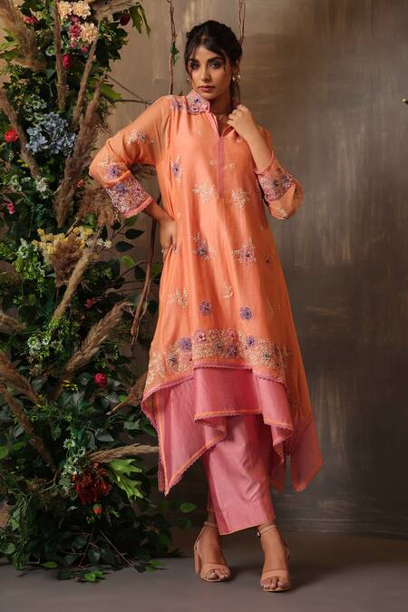 Label Niti Bothra_Peach Chanderi Silk Embroidery, Applique Collared Layered Kurta And Pant Set _at_Aza_Fashions