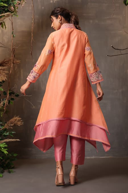 Label Niti Bothra Chanderi Silk Layered Embroidered Kurta & Pant Set 