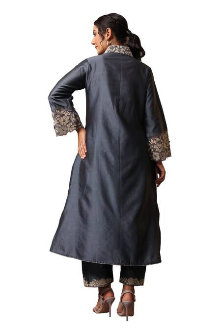 Label Niti Bothra Blue Chanderi Silk Embroidery Collared Shibori Pattern Kurta And Palazzo Set Online at Aza Fashions Label Niti Bothra_Blue Chanderi Silk Embroidery Collared Shibori Pattern Kurta And Palazzo Set _Online_at_Aza_Fashions