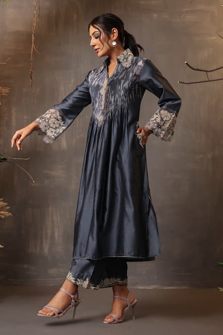 Buy_Label Niti Bothra_Blue Chanderi Silk Embroidery Collared Shibori Pattern Kurta And Palazzo Set _Online_at_Aza_Fashions