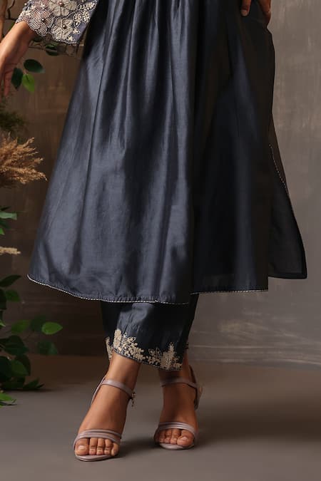 Shop Label Niti Bothra Blue Chanderi Silk Embroidery Collared Shibori Pattern Kurta And Palazzo Set Online at Aza Fashions Shop_Label Niti Bothra_Blue Chanderi Silk Embroidery Collared Shibori Pattern Kurta And Palazzo Set _Online_at_Aza_Fashions