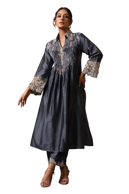 Label Niti Bothra Blue Chanderi Silk Embroidery Collared Shibori Pattern Kurta And Palazzo Set at Aza Fashions Label Niti Bothra_Blue Chanderi Silk Embroidery Collared Shibori Pattern Kurta And Palazzo Set _at_Aza_Fashions