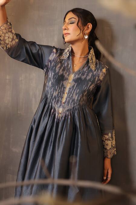 Buy_Label Niti Bothra_Blue Chanderi Silk Embroidery Collared Shibori Pattern Kurta And Palazzo Set 