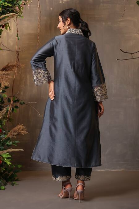 Shop_Label Niti Bothra_Blue Chanderi Silk Embroidery Collared Shibori Pattern Kurta And Palazzo Set _at_Aza_Fashions