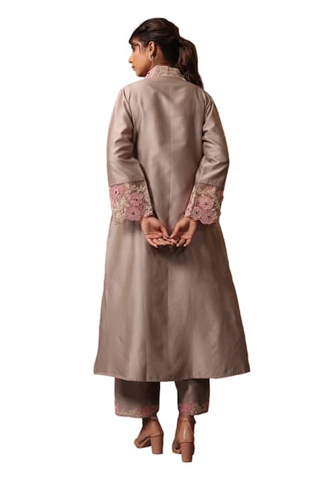 Label Niti Bothra Grey Chanderi Silk Embroidery Collared Pintuck Kurta And Palazzo Set Online at Aza Fashions Label Niti Bothra_Grey Chanderi Silk Embroidery Collared Pintuck Kurta And Palazzo Set _Online_at_Aza_Fashions