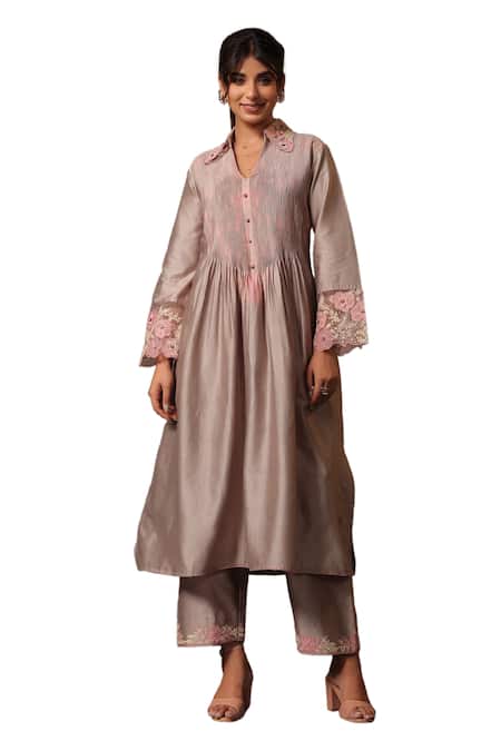 Shop Label Niti Bothra Grey Chanderi Silk Embroidery Collared Pintuck Kurta And Palazzo Set Online at Aza Fashions Shop_Label Niti Bothra_Grey Chanderi Silk Embroidery Collared Pintuck Kurta And Palazzo Set _Online_at_Aza_Fashions