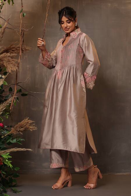 Label Niti Bothra_Grey Chanderi Silk Embroidery Collared Pintuck Kurta And Palazzo Set _at_Aza_Fashions