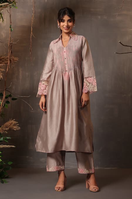 Label Niti Bothra Grey Chanderi Silk Embroidery Thread Collar Pintuck Kurta And Palazzo Set 