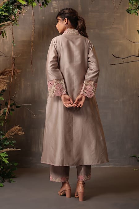 Shop_Label Niti Bothra_Grey Chanderi Silk Embroidery Collared Pintuck Kurta And Palazzo Set _at_Aza_Fashions