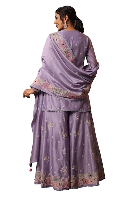 Label Niti Bothra Purple Chanderi Silk Embroidery Split V-neck Kurta Sharara Set Online at Aza Fashions Label Niti Bothra_Purple Chanderi Silk Embroidery Split V-neck Kurta Sharara Set _Online_at_Aza_Fashions