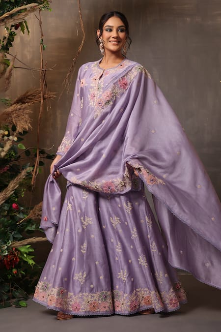 Buy_Label Niti Bothra_Purple Chanderi Silk Embroidery Split V-neck Kurta Sharara Set _Online_at_Aza_Fashions