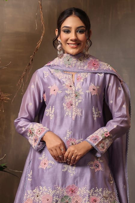 Label Niti Bothra Purple Chanderi Silk Embroidery Split V-neck Kurta Sharara Set at Aza Fashions Label Niti Bothra_Purple Chanderi Silk Embroidery Split V-neck Kurta Sharara Set _at_Aza_Fashions