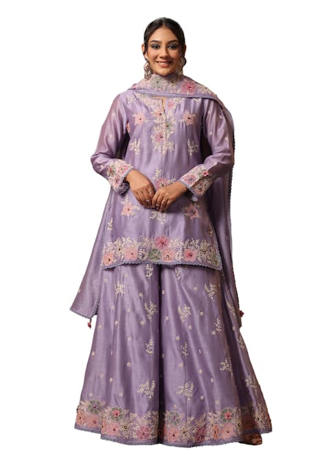 Buy Label Niti Bothra Purple Chanderi Silk Embroidery Split V-neck Kurta Sharara Set Buy_Label Niti Bothra_Purple Chanderi Silk Embroidery Split V-neck Kurta Sharara Set