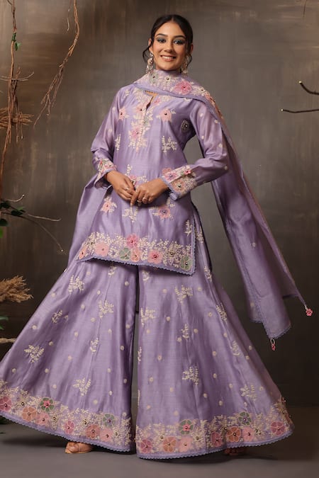 Shop Label Niti Bothra Purple Chanderi Silk Embroidery Split V-neck Kurta Sharara Set Shop_Label Niti Bothra_Purple Chanderi Silk Embroidery Split V-neck Kurta Sharara Set