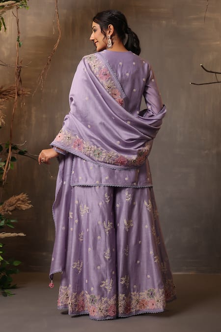 Shop_Label Niti Bothra_Purple Chanderi Silk Embroidery Split V-neck Kurta Sharara Set _at_Aza_Fashions