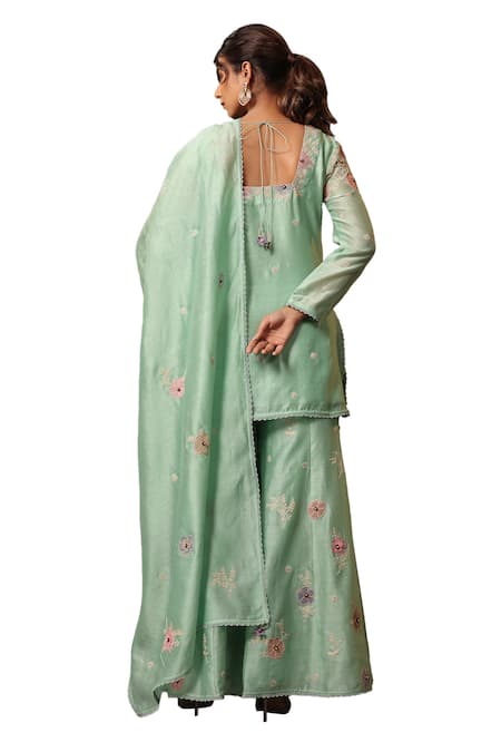 Label Niti Bothra Green Chanderi Silk Embroidery, Lace Square Neck Floral Kurta Sharara Set Online at Aza Fashions Label Niti Bothra_Green Chanderi Silk Embroidery, Lace Square Neck Floral Kurta Sharara Set _Online_at_Aza_Fashions