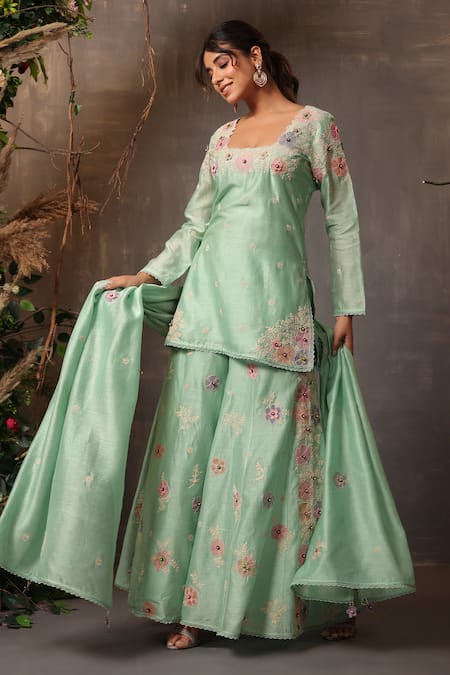Buy_Label Niti Bothra_Green Chanderi Silk Embroidery, Lace Square Neck Floral Kurta Sharara Set _Online_at_Aza_Fashions