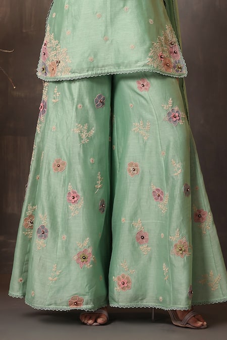 Shop Label Niti Bothra Green Chanderi Silk Embroidery, Lace Square Neck Floral Kurta Sharara Set Online at Aza Fashions Shop_Label Niti Bothra_Green Chanderi Silk Embroidery, Lace Square Neck Floral Kurta Sharara Set _Online_at_Aza_Fashions