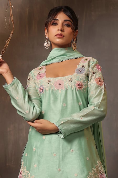 Label Niti Bothra Green Chanderi Silk Embroidery, Lace Square Neck Floral Kurta Sharara Set at Aza Fashions Label Niti Bothra_Green Chanderi Silk Embroidery, Lace Square Neck Floral Kurta Sharara Set _at_Aza_Fashions