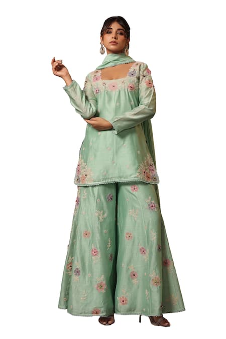Buy Label Niti Bothra Green Chanderi Silk Embroidery, Lace Square Neck Floral Kurta Sharara Set Buy_Label Niti Bothra_Green Chanderi Silk Embroidery, Lace Square Neck Floral Kurta Sharara Set