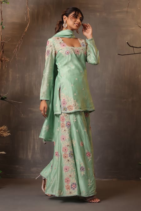 Shop Label Niti Bothra Green Chanderi Silk Embroidery, Lace Square Neck Floral Kurta Sharara Set Shop_Label Niti Bothra_Green Chanderi Silk Embroidery, Lace Square Neck Floral Kurta Sharara Set