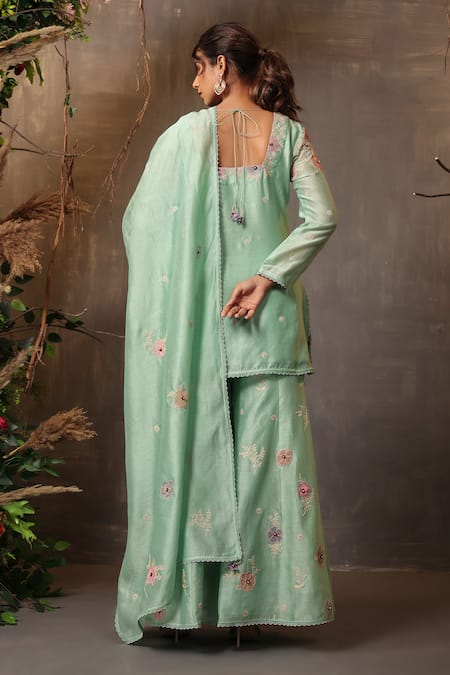 Shop_Label Niti Bothra_Green Chanderi Silk Embroidery, Lace Square Neck Floral Kurta Sharara Set _at_Aza_Fashions