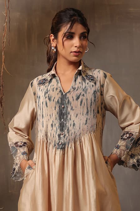 Shop Label Niti Bothra Ivory Chanderi Silk Embroidery, Cut Work Collared Pintuck Kurta And Palazzo Set Online at Aza Fashions Shop_Label Niti Bothra_Ivory Chanderi Silk Embroidery, Cut Work Collared Pintuck Kurta And Palazzo Set _Online_at_Aza_Fashions
